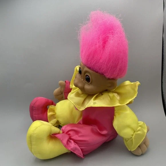 Vintage Russ Troll Doll 7" soft body Clown Jester pink and yellow, Brown Eyes - Picture 2 of 7